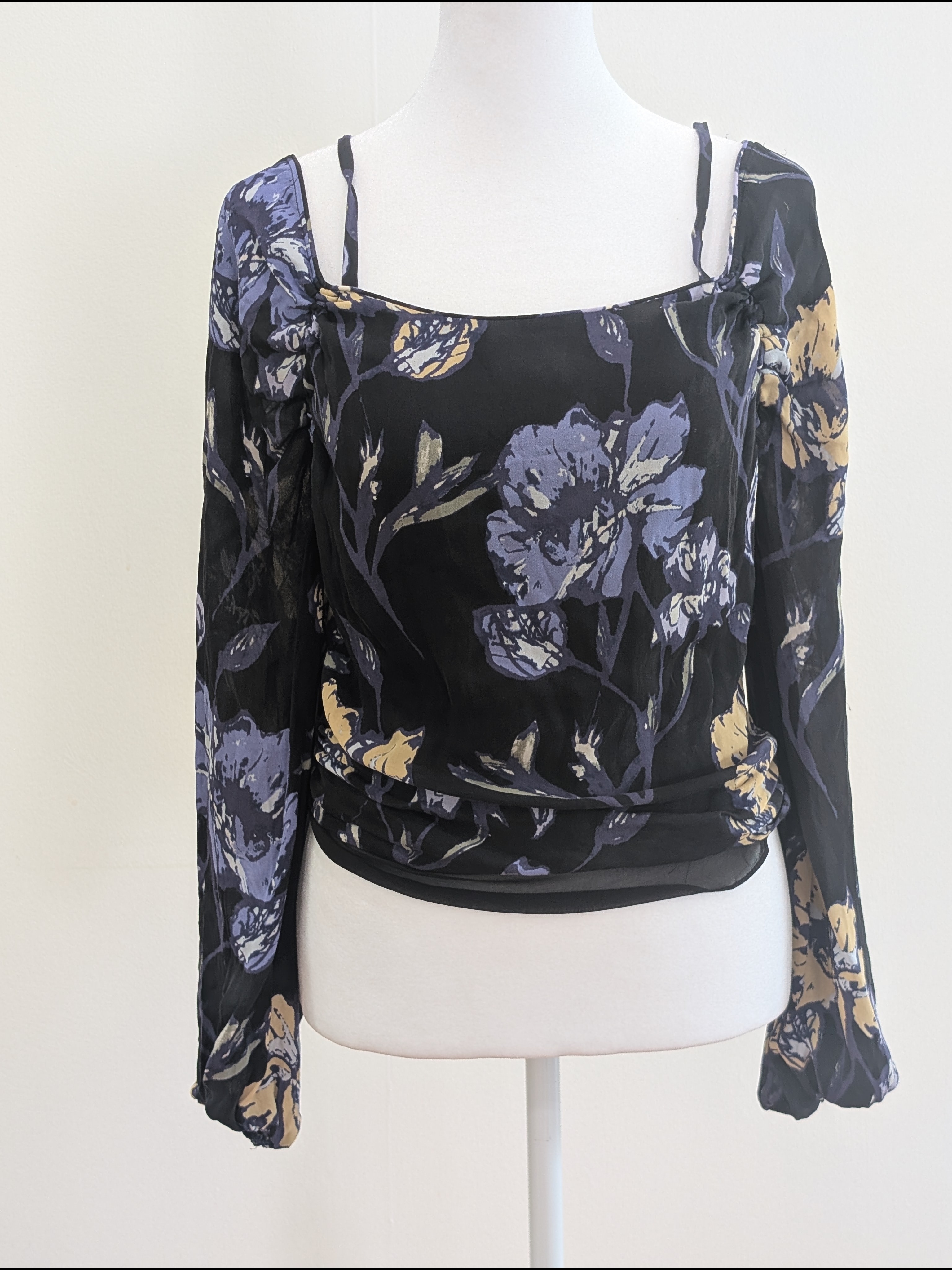 Ramy Brooks Floral Square-Neck Long-Sleeve Blouse In Black And Lavender
